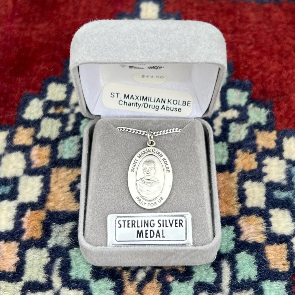 St. Maximilian Kolbe Sterling Silver Oval Saint Religious Medal 18” Curb Chain